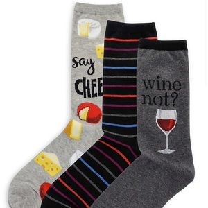 NWT Hot Sox
Women's 3-Pair Wine And Cheese Crew Socks - gift boxed